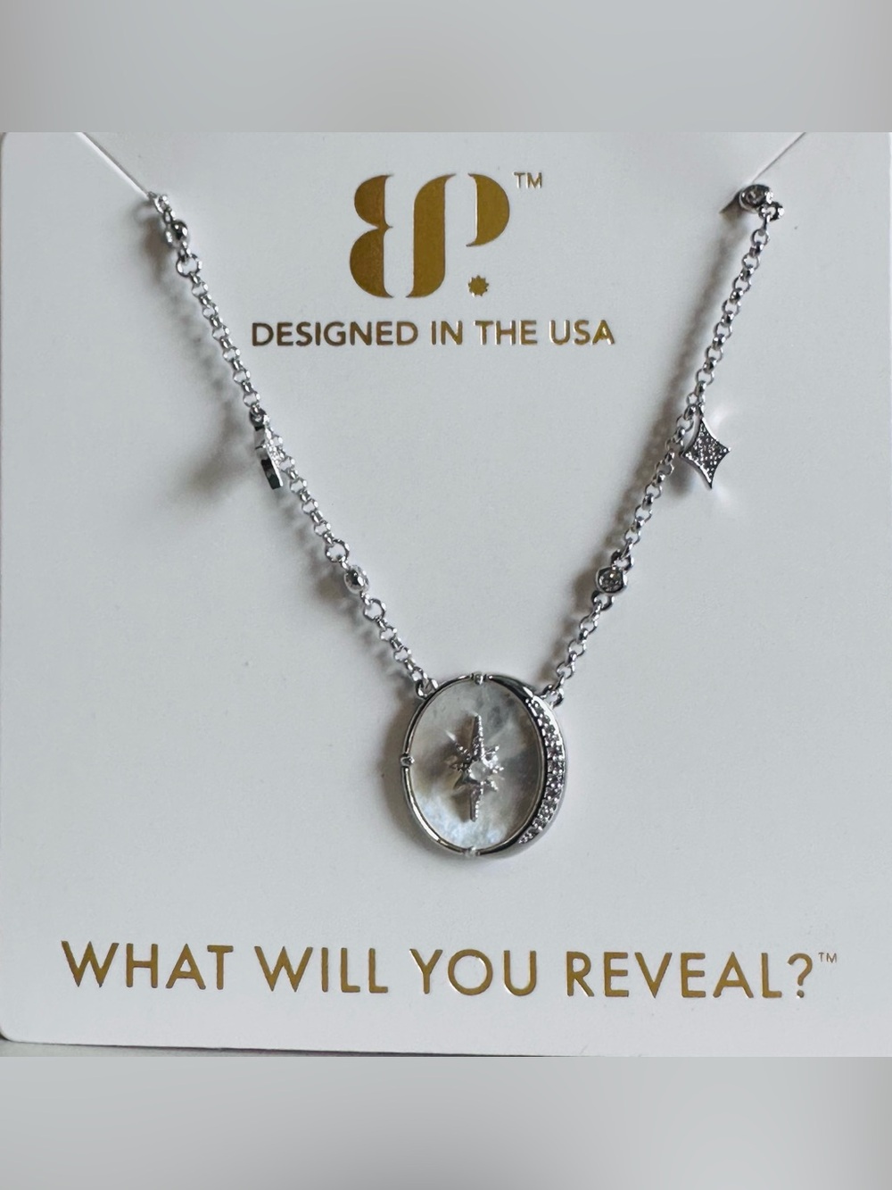 Bomb Party Halo “Bound by Love” Necklace Moonstone Mother of Pearl on Rhodium